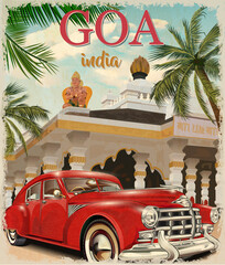 Goa, India vector  poster with retro car. - obrazy, fototapety, plakaty