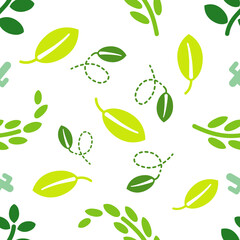 Patrón verde de hojas y cactus sobre fondo blanco