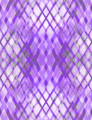 Modern argyle watercolor pattern with geometric abstract rhombuses and irregular irregular line drawn by hand on purple background for textile. Moderm pattern