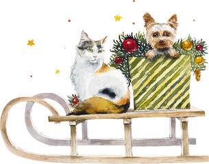 Dog and cat. New year card. Hand drawn watercolor illustration