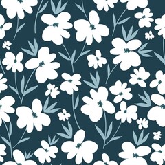 Vintage floral background. Seamless vector pattern for design and fashion prints. Floral pattern with white flowers and light blue leaves on a dark blue background