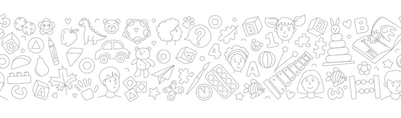 Preschool kindergarten Educational toys doodle line vector illustration seamless pattern.