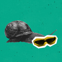 Modern artwork. Contemporary art collage with snail with male eyes isolated over green background. Animals with human emotions