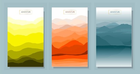 Vector abstract background set. Minimalistic style. Flat concept. Collection of 3 landscapes. Clouds by the water, autumn in the mountains,, the northern coast at night. Cover template. User interface