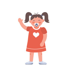 Cute girl in red dress waving hand. Little korean kid with a pacifier. Happy child clip art vector flat illustration isolated on white background.
