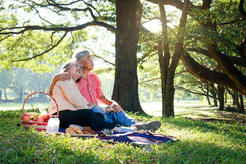 Asian elderly couple picnic in the park They sat on the grass and had baskets of fruit and bread lying next to them. They are enjoying their vacation. The concept of living in retirement to be happy.