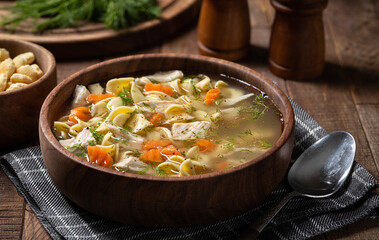 Bowl of chicken noodle soup on a wooden table - 472622913