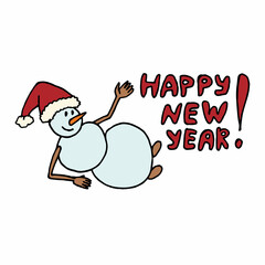 Snowman with text Happy New Year on white background. Vector image.