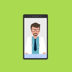 Online doctor consultation on the phone, green background.