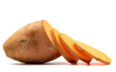 sweet potatoes on a white background. Sliced sweet potato. horizontal view. close up