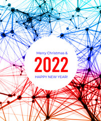 Colorful greeting happy new year 2022 and merry christmas. Dot and line connection. Big data network.