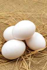Egg carton on jute fabric. close-up white egg. vertical view