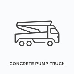 Concrete pump truck flat line icon. Vector outline illustration of construction transport equipment. Black thin linear pictogram for building industry