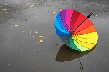 A multi-colored umbrella is lying in a puddle.
