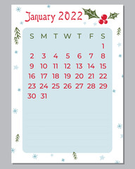 Calendar planner January 2022, calendar for print, holidays planner