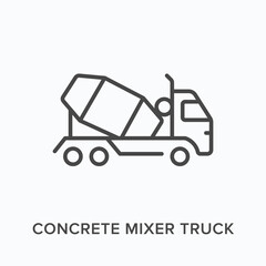 Concrete mixer truck flat line icon. Vector outline illustration of cement transportation. Black thin linear pictogram for building industry