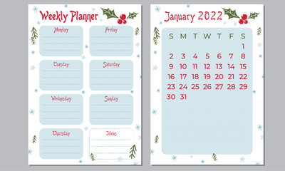 Weekly Planner. Calendar planner January 2022. Calendar for print. Holidays planner. Festive organizer.