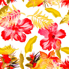 Autumn Flower Painting. Yellow Hibiscus Set. Orange Tropical Garden. Red Exotic Print . Seamless Leaf. Pattern Illustration. Summer Painting.Vintage Set.