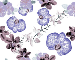 Navy Botanical Garden. Azure Orchid Decor. Indigo Hibiscus Jungle. Flower Garden. Watercolor Set. Seamless Leaves. Pattern Texture. Tropical Palm.
