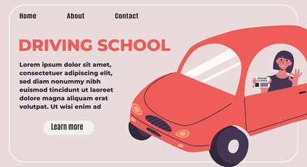 Driving school banner concept. Young happy woman in little red car get a driving license and showing that. Flat vector modern isolated illustration in trendy colors