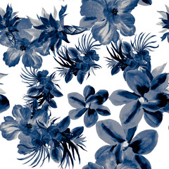 Indigo Watercolor Texture. Blue Flower Foliage. Navy Seamless Plant. Azure Hibiscus Wallpaper. Pattern Painting. Tropical Background. Fashion Leaves. Art Palm.