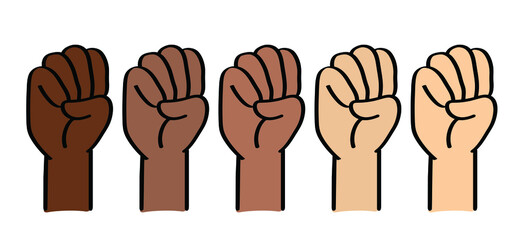 Fototapeta premium Protest symbol for black lives matter or World refugee day or Day of abolitionism. Cartoon black, white hand. Clenched fist, resistance, revolution concept. No more slavery. Vector icon or pictogram.