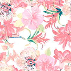 Pink Flower Garden. Red Summer Foliage. Pastel Seamless Palm. Watercolor Set. Pattern Leaves. Floral Jungle. Exotic Leaf. Botanical Palm.