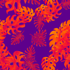 Orange Monstera Painting. Neon Botanical Jungle. Purple Tropical Jungle. Pink Seamless Foliage. Yellow Pattern Monstera. Violet Watercolor Leaves. Summer Illustration.