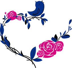 Romantic vector frame made of flowers and branches, with a singing bird in the form of a heart. Poster for decoration, vignette for invitations, menus, confessions.
