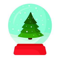 Christmas New Year glass snow globe with Christmas tree isolated on white background. A souvenir for a gift is a snow ball in a flat style