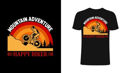 Mountain Adventure happy biker typography for clothes. Graphics for the print products, t-shirt, vintage sports apparel. Vector illustration, fashion, badge.