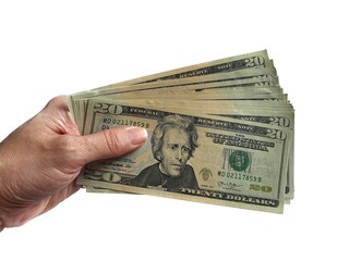 human hand holding several dollar bills on white background