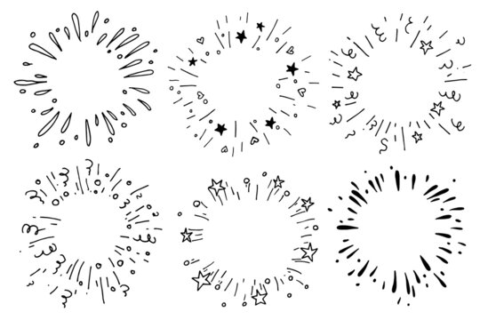 vector drawing in the style of doodle. set of explosions, fireworks. festive fireworks with stars and streamers
