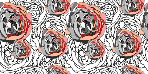 Modern artistic pattern with camellia flower.Collage gray-pink buds and outlines design elements,arranged chaotically.Abstract background with botanical line art.Vector seamless fastionable template. - obrazy, fototapety, plakaty