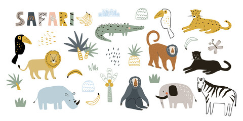 Set with wild safari animals lion, giraffe, crocodile, leopard, elephant, monkey and rhinoceros, toucan on a palm tree. The vector illustration is made in manual technique.
