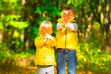Portrait of two happy children an autumn park