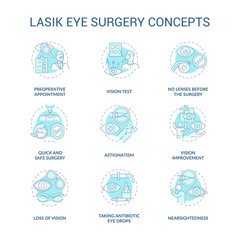 Laser eye surgery blue concepts concept icons set. Better eyesight. Ophthalmologist vision treatment idea thin line color illustrations. Vector isolated outline drawings. Editable stroke