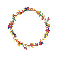 round watercolor wreath of flowers, berries and leaves on a white background.