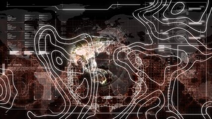 Animation of white lines, human brain and dna strand spinning with data processing on screen - Powered by Adobe