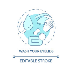 Wash your eyelids blue concept icon. Comply with recommendations by doctors. Cleansing around eyes abstract idea thin line illustration. Vector isolated outline color drawing. Editable stroke