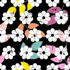 Rolgordijnen seamless floral background pattern, with abstract flowers, leaves, paint strokes and splashes © Kirsten Hinte