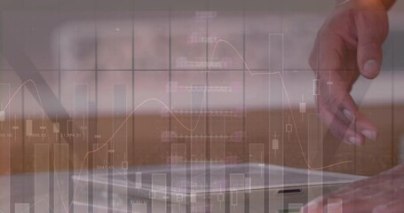 Animation of dna strand, statistics and data processing over businessman using tablet - Powered by Adobe