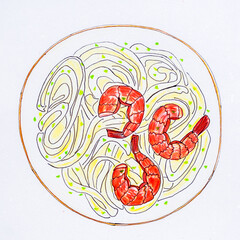 Pasta with shrimps top view. Food poster. Sketch drawn with colored pencils on blue textured paper.