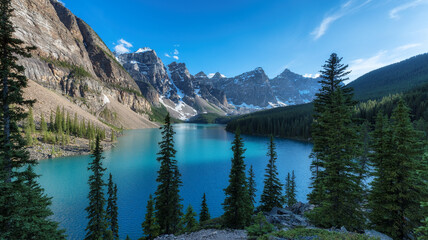 Naklejka na ściany i meble Beautiful turquoise waters of the Moraine Lake with snow-covered peaks above it in Rocky Mountains, Banff National Park, Canada. 