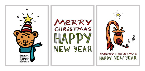 A set of cards for Christmas and New Year with an orange symbol of the year, a tiger and a giraffe with a red scarf playing the pipe. Lettering with the inscription Merry Christmas and Happy New Year
