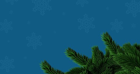Fototapeta na wymiar Close-up of green pine needles by snowflake pattern on blue background with copy space