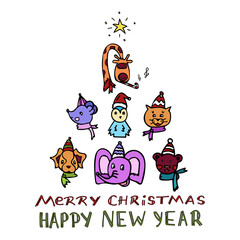 Set of isolated animals arranged in the shape of a Christmas tree with the inscription Christmas and New Year. Vivid portraits tiger, giraffe, dog, cat, mouse, penguin, bear, dog in caps with a