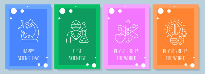 Celebrate world science day postcard with linear glyph icon set. Greeting card with decorative vector design. Simple style poster with creative lineart illustration. Flyer with holiday wish