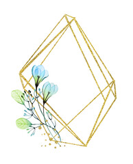 Watercolor florals with golden glitter frame. Realistic poster with blue flowers and glitter foil. Place for text. Botanical floral illustration for modern boho cards