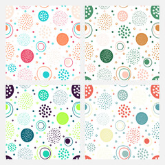 Naklejka premium Set of 4 abstract geometric seamless pattern with colorful circles and dots.